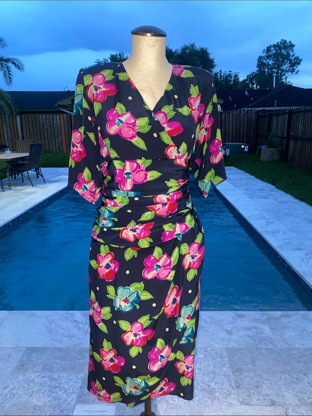 Emanuel Ungaro Black Floral Wrap Dress with Pink and Green Accents